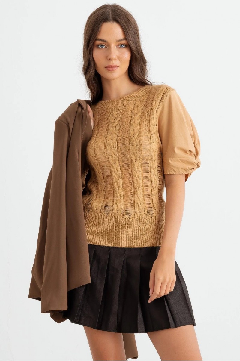Nude Distressed Cable Knit Puff Short Sleeve Sweater