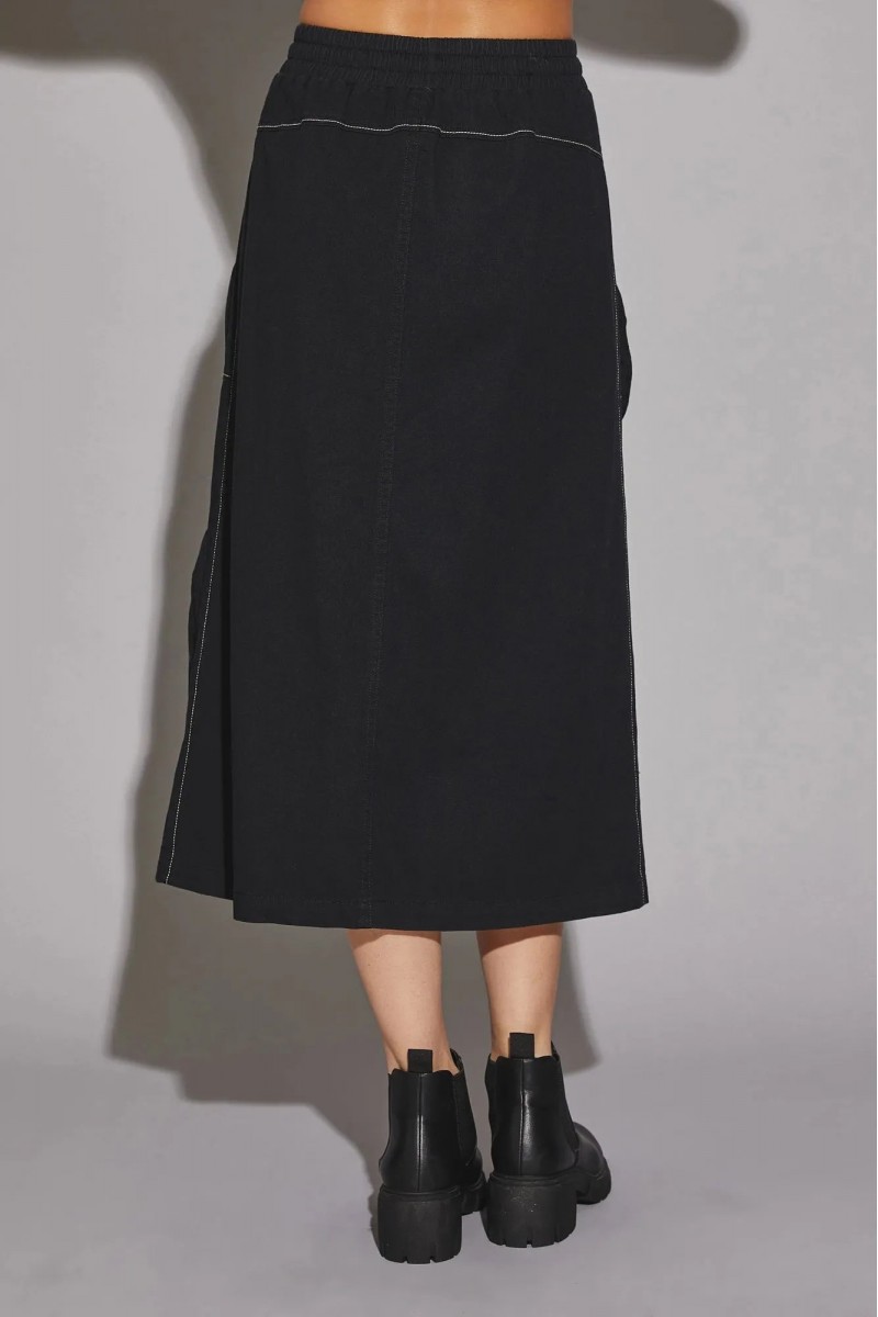 Utility Pockets Front Slit Drawstring Waist Midi Skirt