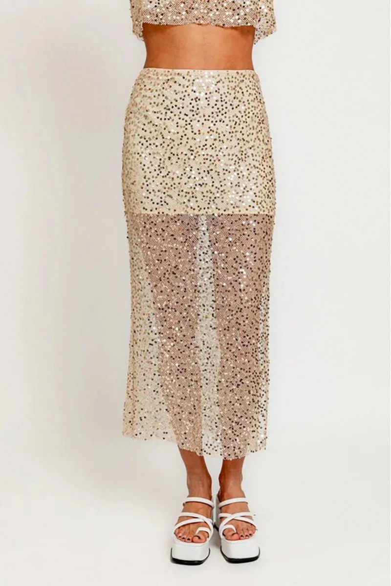 Champagne Sequin Side Slit Midi Skirt