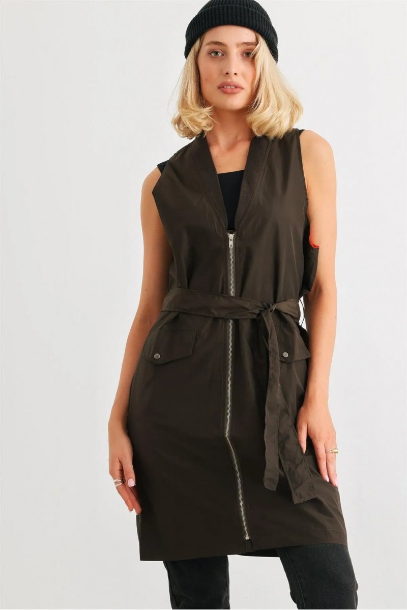 Olive Glossy Zip-Up Belted Two Pocket Long Vest
