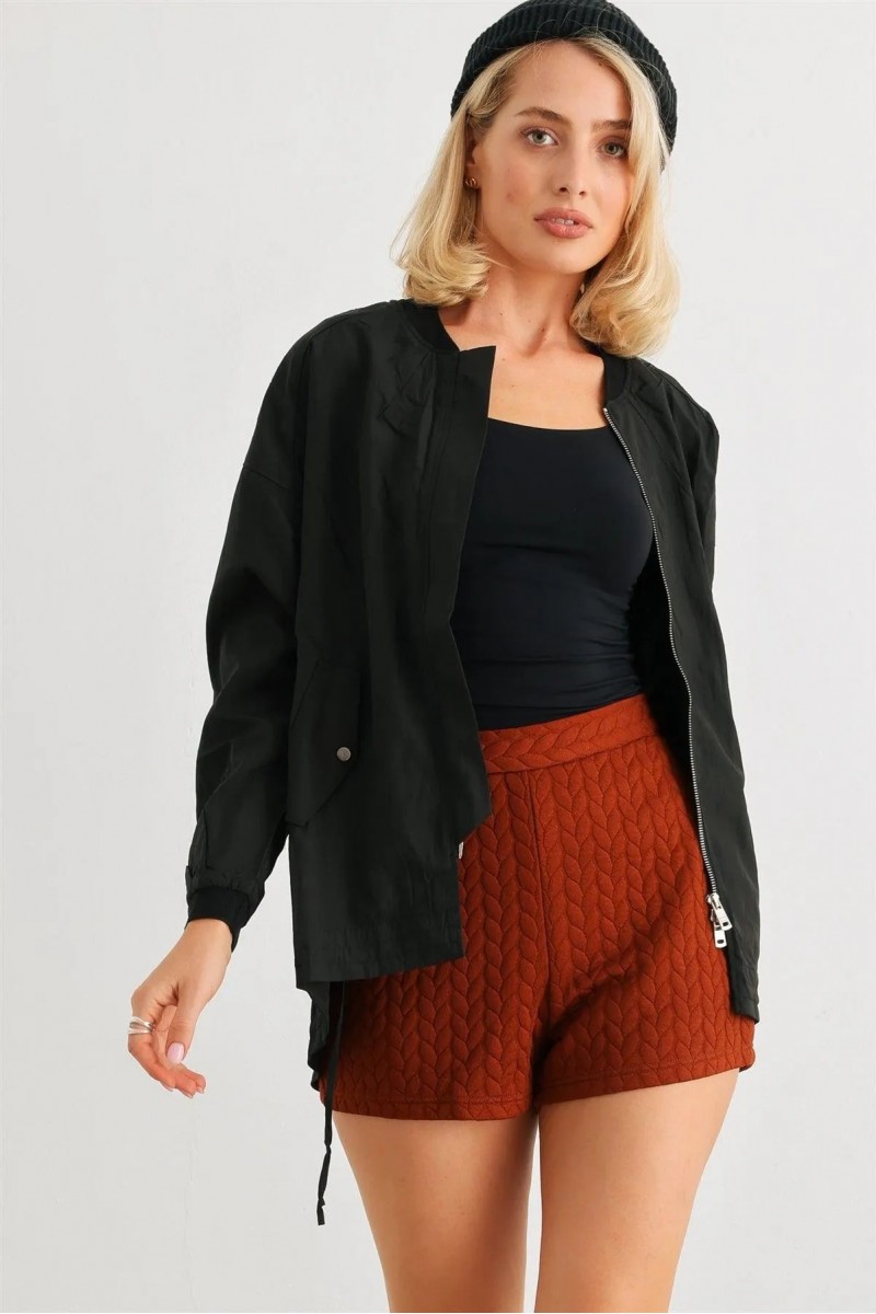 Black Two Way Zipper Drawstring Waist & Hem Coach Jacke