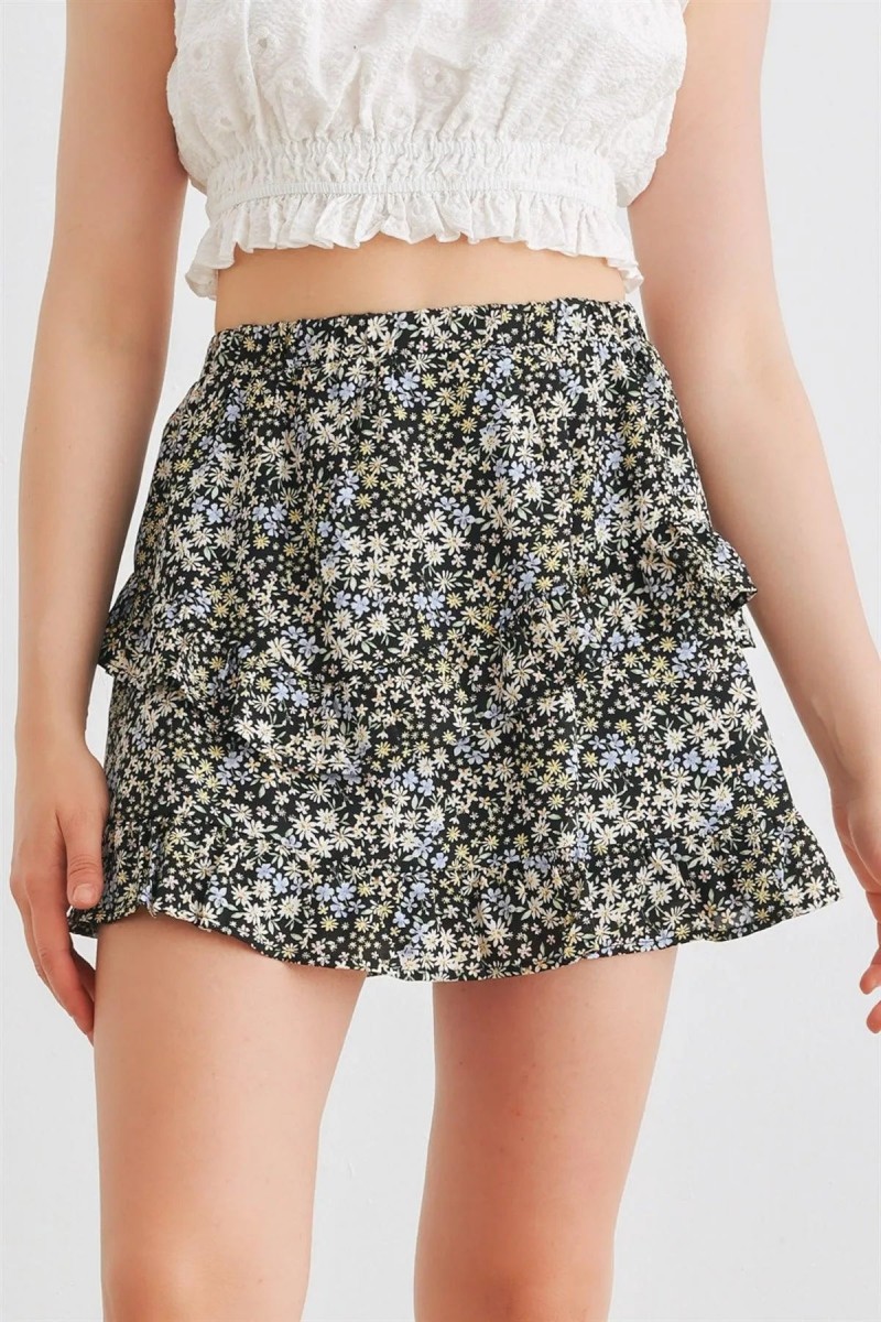 Black Multi Floral High Waist Tiered Mini Skirt