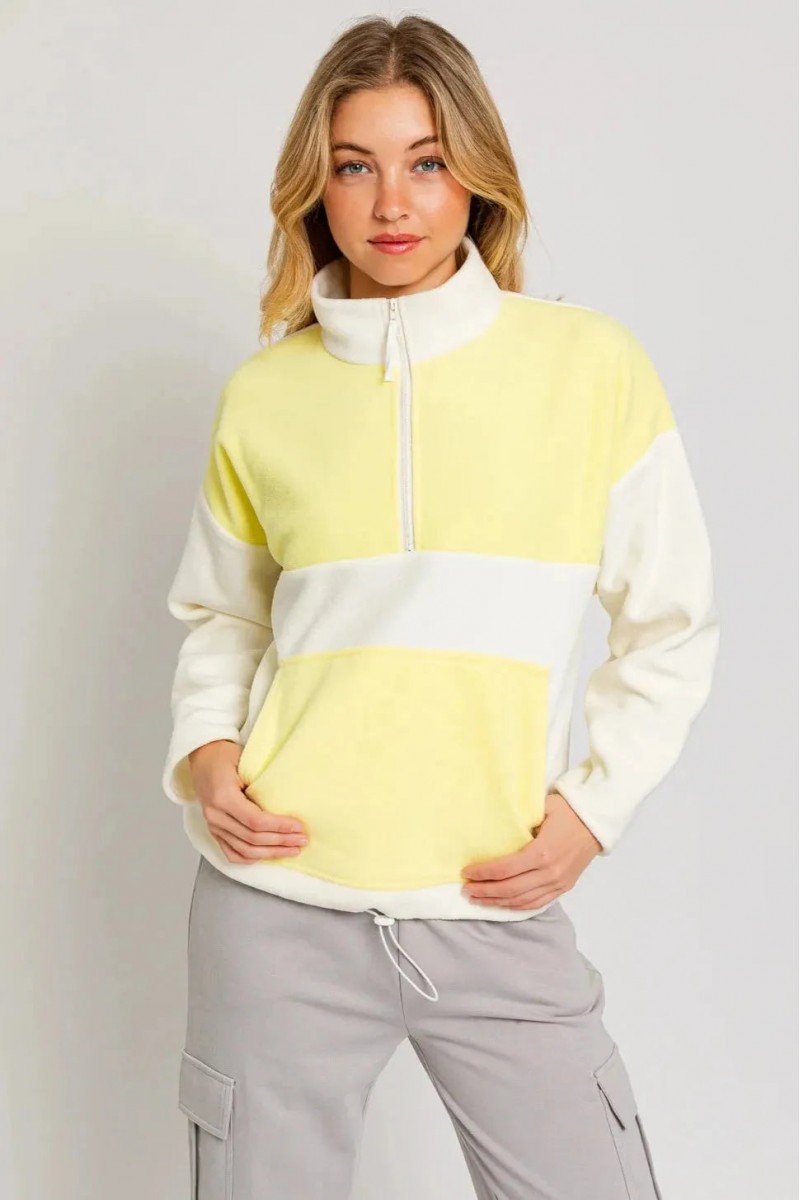 Color Block Fleece Zip Up Drawstring Hem Sweatshirt