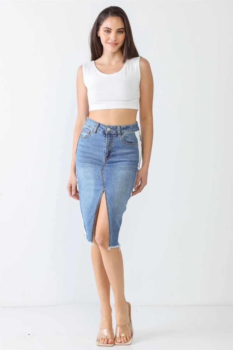 Denim & White Cotton Five Pocket Trim Hem Front Slit High Waist Midi Skirt